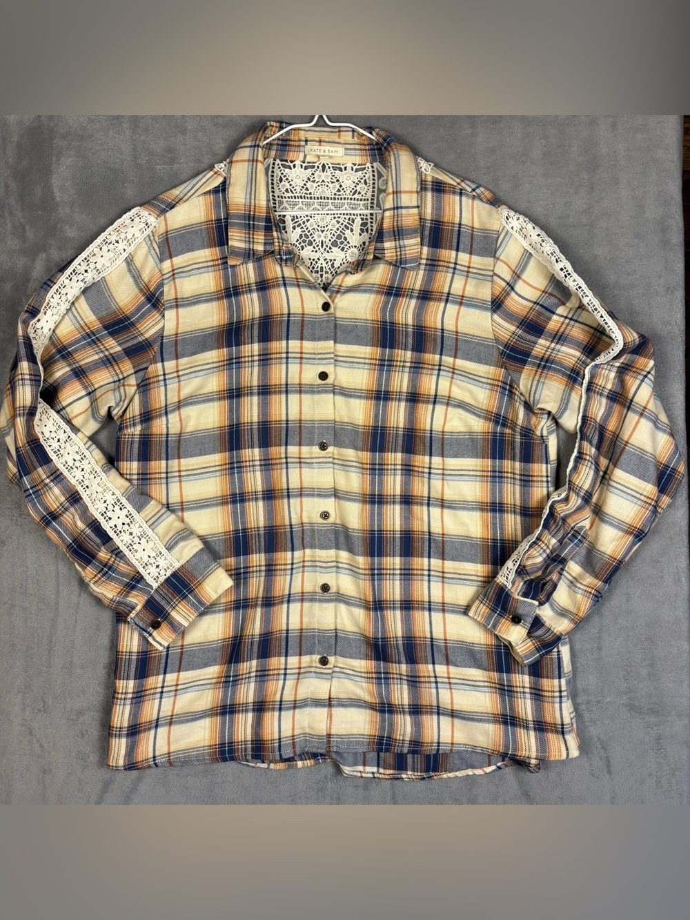 Kate & Sam Plaid Button Down Shirt L Boho Crochet Lace Back Roll Tab Sleeve